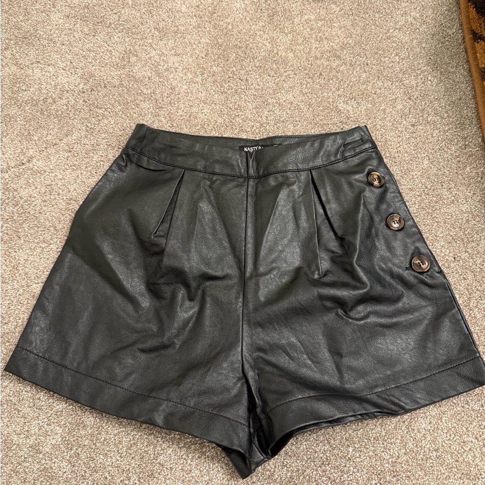 Nasty Gal Black Faux Leather High Waisted Button-Detail Shorts